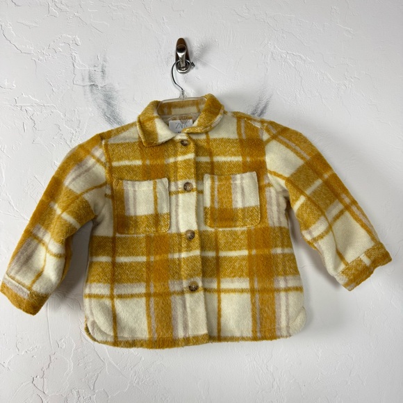 Zara Jacket Coat Plaid Print Yellow Ivory Button Down Collared Quilted Lined - Picture 1 of 7